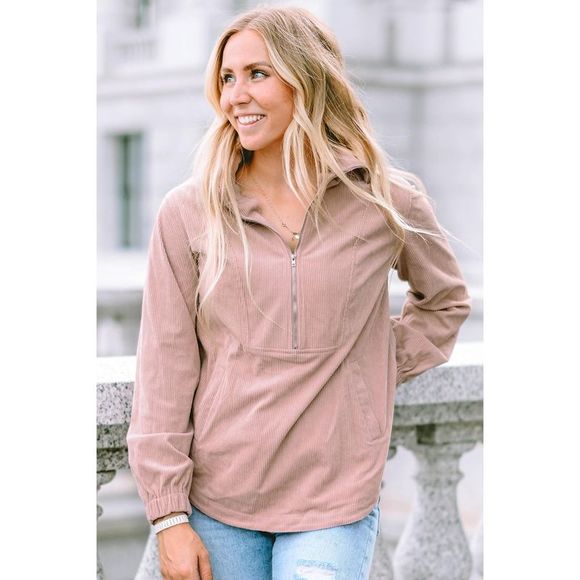 Azura Exchange  Apricot Ribbed Texture Half Zip Collared Sweatshirt - Picture 14 of 15